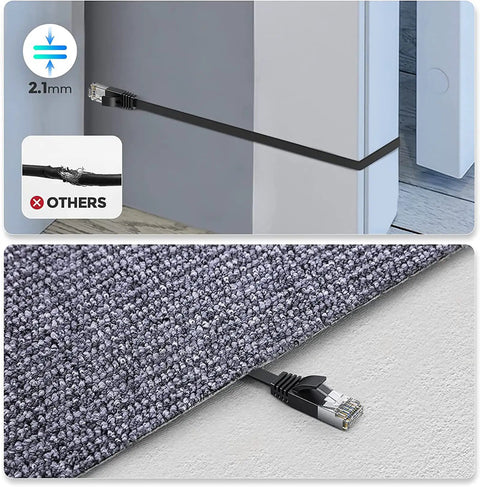 Flat Cat6 Ethernet Cable 2 Pack 6Ft under carpet and along wall with Shielded RJ45 Connectors for indoor outdoor use.