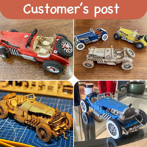 Customer post showing 1:18 Scale Mechanical Car Model Kit DIY 3D Wooden Puzzle for Adults Hands On Build Brain Teaser Grand Prix Vehicle Gift for Men and Women Great for Birthday or Christmas in red, blue, yellow, and gold.