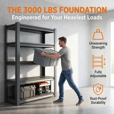 Man adjusting Heavy Duty Garage Shelving Unit 72 Inch Tall With 3000 Lbs Capacity 5 Tier Adjustable Metal Storage Shelves