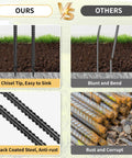 Comparison of 24-inch rebar stakes with chisel point ends, black coated versus rusted versions, for heavy duty ground anchors.