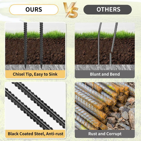 Comparison of 24-inch rebar stakes with chisel point ends, black coated versus rusted versions, for heavy duty ground anchors.