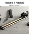 Folded lightweight aluminum bike repair stand on garage floor, highlighting portability for DIY use, height adjustable 39-59 inches.