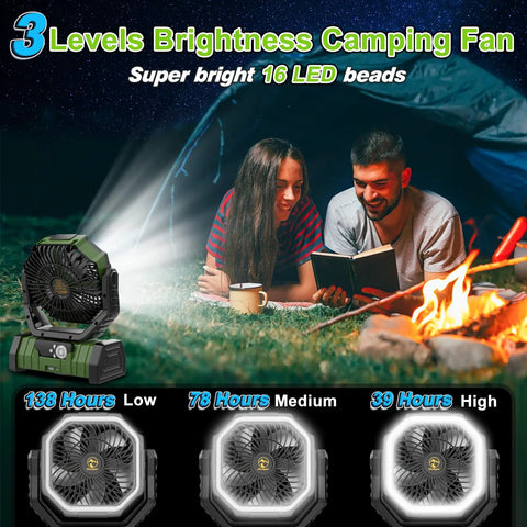 Go To 20000mAh Camping Fan With Remote And Led Lantern Auto Oscillating Portable Breeze shown near campfire scene