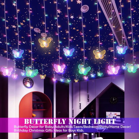 120 LED Butterfly Curtain Fairy Lights Lit USB Powered 6M 19.7ft With Remote Timer 8 Modes Waterproof Indoor Outdoor Decor for Kids Bedroom Christmas Wedding Party Dorm Multicolor installed on ceiling