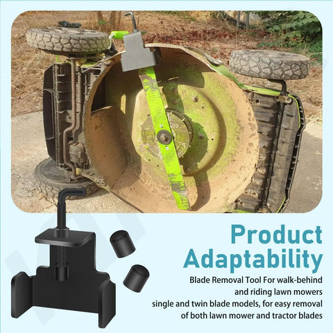Universal Mower Blade Removal Tool And Clamp For Walk Behind And Riding Mowers Up To 42 Inch Deck For Quick Safe Blade Changes On MTD Decks Do It Yourself Friendly Fits 11A-B13M729 13A326JC058 13AX935T004 shown under a flipped mower deck