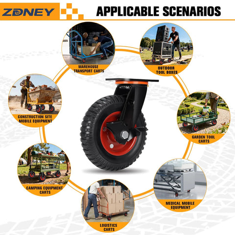Heavy Duty 8 Inch By 2 Inch Casters Set Of 4 With 3600 Lb Total Capacity And 900 Lb Per Caster shown with usage scenarios