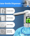 Portable 5 Gallon Water Dispenser Pump With USB Rechargeable Battery, Automatic Foldable Water Pump For Camping And Kitchen, Fits 2-5 Gallon Bottles, White with foldable outlet and food-grade silicone pipe