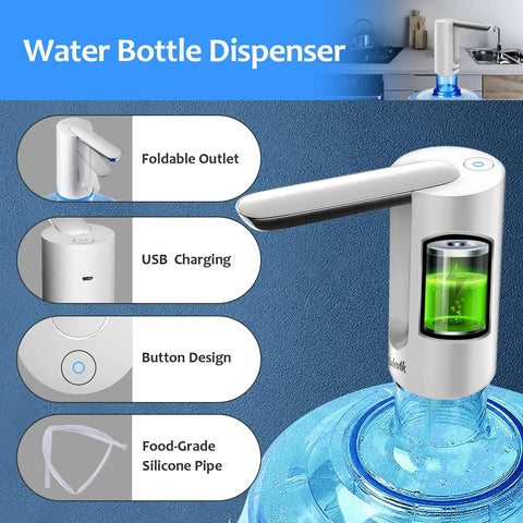 Portable 5 Gallon Water Dispenser Pump With USB Rechargeable Battery, Automatic Foldable Water Pump For Camping And Kitchen, Fits 2-5 Gallon Bottles, White with foldable outlet and food-grade silicone pipe