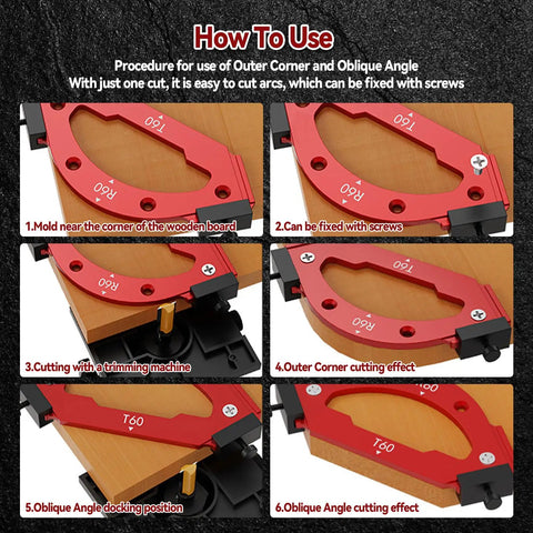 Premium Aluminum Router Corner Radius Template Set With Smack On Guidance shows usage steps for outer corner and oblique cuts.