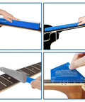 All In One Luthier Tool Kit For Guitar Setup And Fret Work Pro Fret Leveling Beam 16 Inch Fret Crowning File End Dressing File Fret Rocker And Neck Notched Straight Edge Complete DIY Guitar Maintenance Set in use