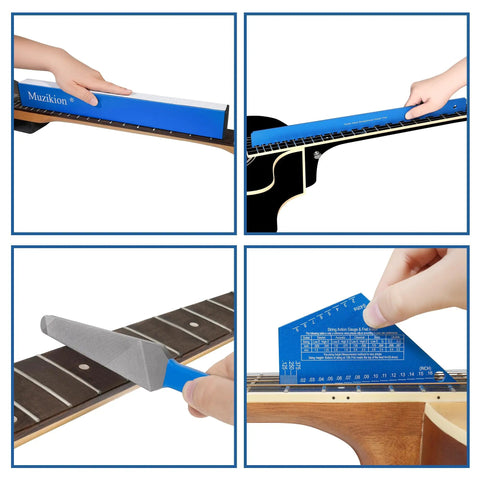 All In One Luthier Tool Kit For Guitar Setup And Fret Work Pro Fret Leveling Beam 16 Inch Fret Crowning File End Dressing File Fret Rocker And Neck Notched Straight Edge Complete DIY Guitar Maintenance Set in use