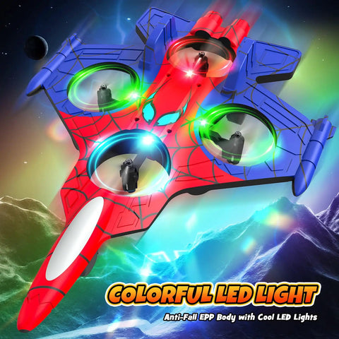 Colorful LED light Epic RC Airplane for Kids 8 Plus with Light Up Fighter Jet, foam body and three propeller guards in space theme.