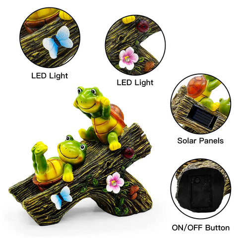 Solar Powered Garden Gnome Statue With Bright Lantern Lights And Welcome Sign featuring turtles on wood with LED lights and solar panels.