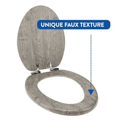 Distressed Grey Wood Round Toilet Seat With Chrome Hinges Durable Wood Veneer Construction Easy Install Securely Attaches