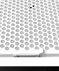Close-up of 24 By 24 Inch T Bar Drop Ceiling Return Grill with perforated front, rust-free aluminum back, and easy snap latch.