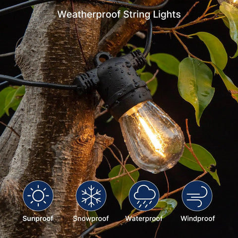 Close-up of 30 Pack LED S14 Replacement Bulbs for Outdoor String Lights, E26 Base, 2200K, on a tree with weatherproof icons.