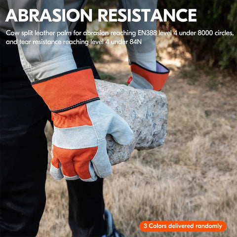 Man using Leather Palm Work Gloves For Men, Heavy Duty Gardening And Builder Gloves, in orange, lifting a rock