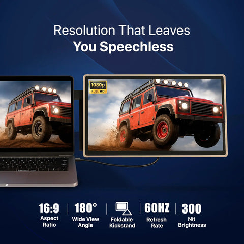 15.6 Inch Laptop Screen Extender With Carry Bag And Cleaning Kit, Full HD 1080P IPS Display showing red SUV image