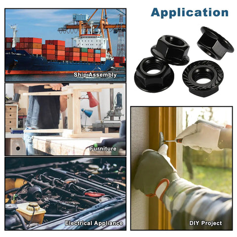 Heavy Duty 5/16 Inch Hex Serrated Flange Lock Nuts With Black Oxide Coating Built Tough As Nails Using Grade 304 Stainless Steel 18 8 For Zero Hassle Installation And Bulletproof Grip In a 25 Piece Pack used in ship assembly, furniture, electrical appliances, and DIY projects.