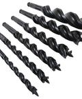 Six Piece Wood Auger Bit Set With Diameters Three Eighth One Half Five Eighth Three Quarter Seven Eighth And One Inch Seven And A Half Inch Long Tri Cut Ultra Smooth Design With Three Cutting Edges And Three Flutes PTFE Coated For Easy Drilling black finished