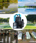 Automatic Submersible Sump Pump One Third HP 2400 GPH Portable Water Removal Transfer Pump with Sixteen Point Four Ft Cord in use in pool, garden pond, and flooded areas.