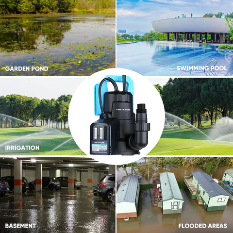 Automatic Submersible Sump Pump One Third HP 2400 GPH Portable Water Removal Transfer Pump with Sixteen Point Four Ft Cord in use in pool, garden pond, and flooded areas.