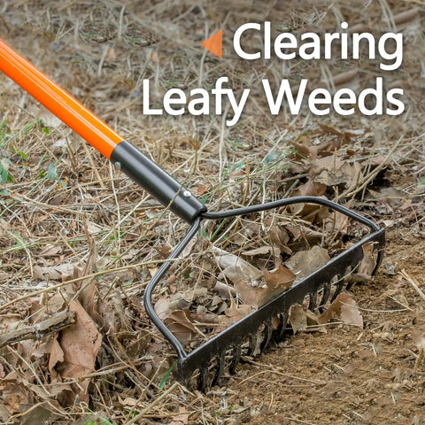 Heavy Duty Garden Rake With 14 Tines And 58 Inch Fiberglass Handle Built To Last High Carbon Steel Build used on dry leaves