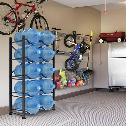 Heavy Duty 5 Gallon Water Jug Rack No Nonsense Detachable 5 Tier Double Row Stand That Holds 10 Bottles in garage