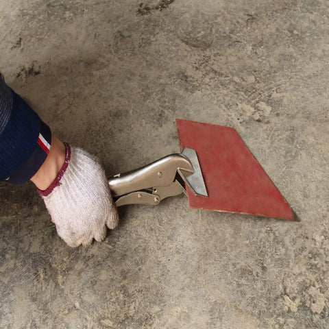 Person using 10 Inch Locking Sheet Metal Clamp With Adjustable Tension Heavy Duty Pro Grade Grip Tool With Two Flat Tips on metal