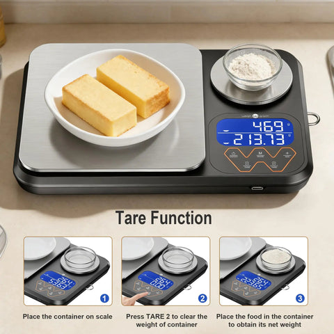 Dual Platform Kitchen Scale With 0.01g Precision And 5Kg Capacity Rechargeable Digital Scale For Grams And Ounces Three Tare Units And Accumulation Function Great For Sourdough Baking And Cooking displaying tare function with butter and flour