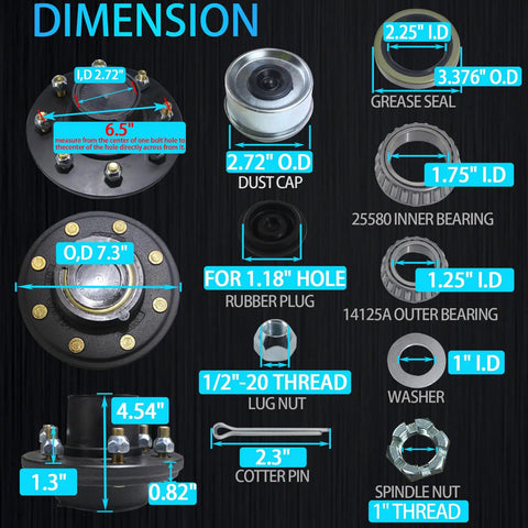 Dimensions of Trailer Hub Kit 8 Bolt 6.5 Inch For 7000 Lb Trailer Axle with bearings, seals, and components detailed.
