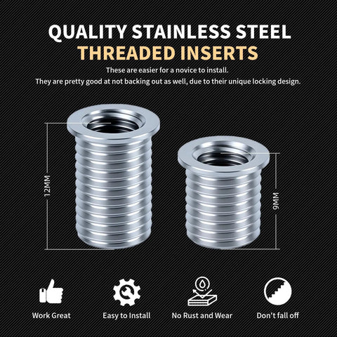 Metric M6X1.0 Thread Repair Kit With Stainless Steel Inserts, shown are two sizes 9.4mm and 12mm, for heavy duty internal repair