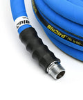 Close-up of Heavy Duty 3/4 X 50 Ft Rubber Air Hose Rated For 300 Psi with brass end fitting and textured grip.
