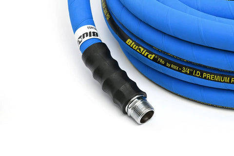 Close-up of Heavy Duty 3/4 X 50 Ft Rubber Air Hose Rated For 300 Psi with brass end fitting and textured grip.