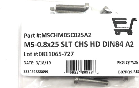 Rock Solid M5 X 25 Stainless Steel Slotted Cheese Head Machine Screw Din 84 A2 70 Hella Corrosion Resistant Fasteners in reusable packaging.