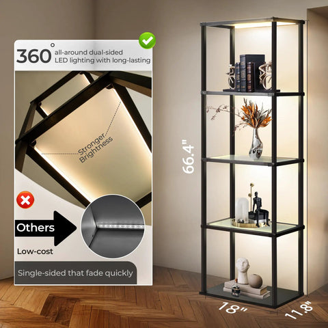 Display Shelf Floor Lamp With Dimmable LED Three Color Temperatures Glass Curio Cabinet Shelves Remote Control Sturdy Design