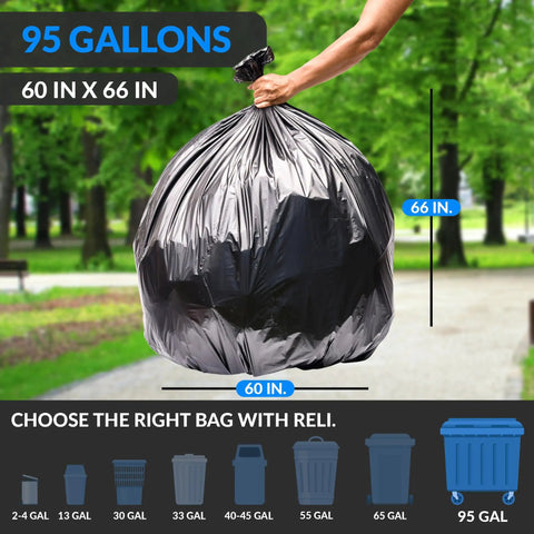 95-gallon black trash bag with twist ties being held, 60x66 inches, focus on durability and size in outdoor setting
