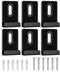 6 Piece Heavy Duty Metal Mirror Clips Set For Wall Mounting Powder Coated Rust Resistant J Brackets With Bulletproof Grip and Easy Zero Hassle Setup For Big Heavy Mirrors Matte Black displayed with screws.