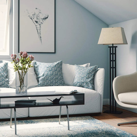 Living room with McIntosh Floor Lamp in Bronze Finish With Geometric Mission Design, 58 Inch Tall, Rectangular Shade