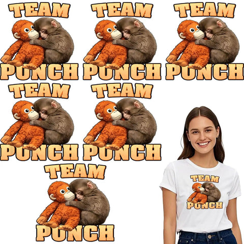 6 Pack DTF Transfers for T Shirts Ready to Press Heat Transfer Stickers 7x7 showing Team Punch design with woman wearing design
