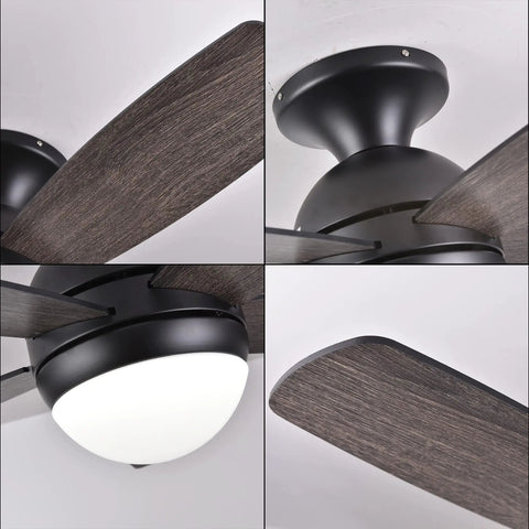 52 Inch Outdoor Ceiling Fan With Lights And Remote, Black Flush Mount Ceiling Fan With Reversible Blades Two Color Black And Dark Wood