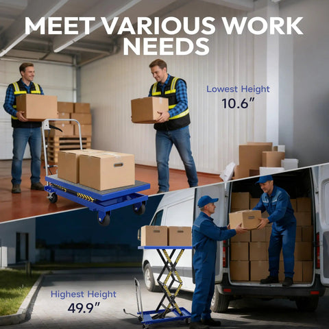 Rock Solid Double Scissor Hydraulic Lift Table Cart With 330 Lb Capacity And Smooth Rolling Swivel Casters Grip Tight Brake Lockdown for warehouse moves.