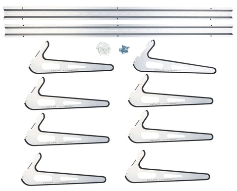 Components of Heavy Duty Board Sports Wall Mount Storage Rack for surfboards, wakeboards, snowboards, skis, efoils with hardware included.
