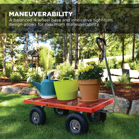 Heavy Duty Steel Utility Cart With 800 Pound Load Capacity 4 Cu Ft Bed Black Finish hauling plants in a garden setting