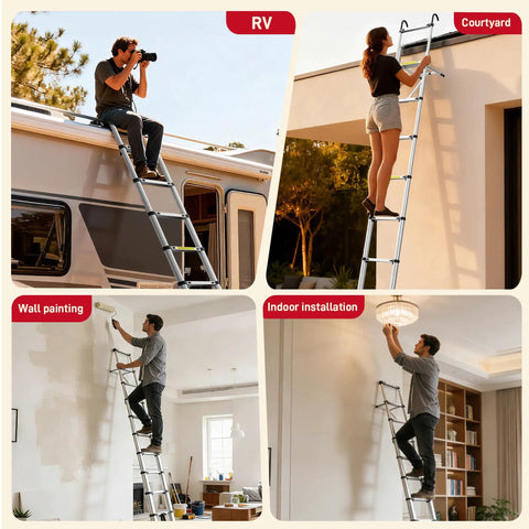 Telescoping Ladder Pro 24.6 Ft With 330 Lbs Capacity, EN 131 Certified, No Standing Zone Top Rungs, Heavy Duty Aluminum, Easy Extend Mechanism, Safe And Stable Ladder For Indoor And Outdoor Projects, used for RV, courtyard, painting, and indoor installation