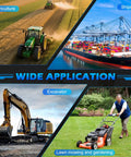 Collage showing applications of product: agriculture with tractor, shipping with cargo ship, excavation with excavator, gardening with lawn mower.