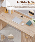 60 Inch Modern Executive Desk With Storage For Home Office Oak Wood Writing Desk With Drawer And Cabinet Fluted Surface Spacious Computer Desk