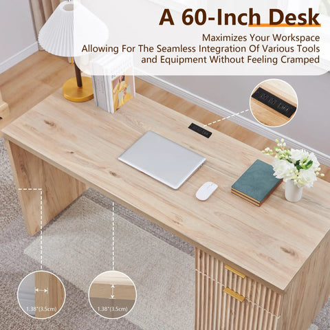 60 Inch Modern Executive Desk With Storage For Home Office Oak Wood Writing Desk With Drawer And Cabinet Fluted Surface Spacious Computer Desk