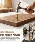 Hammer driving expansion anchor into wood, inset showing cabinet hinge repair with 6x14mm Short Expansion Screw Set For Cabinet And Door Hinges.