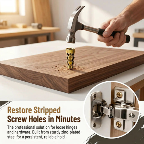 Hammer driving expansion anchor into wood, inset showing cabinet hinge repair with 6x14mm Short Expansion Screw Set For Cabinet And Door Hinges.